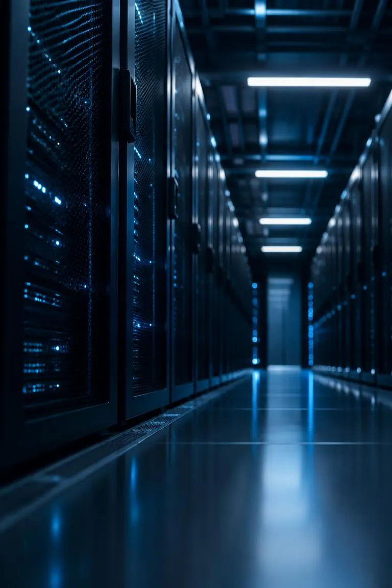 Server aisle in blue light seen from a low angle