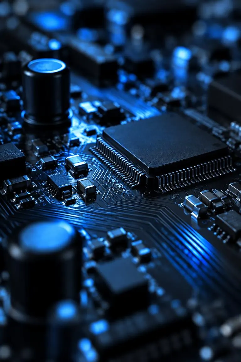 Macro of a circuit board with blue reflections
