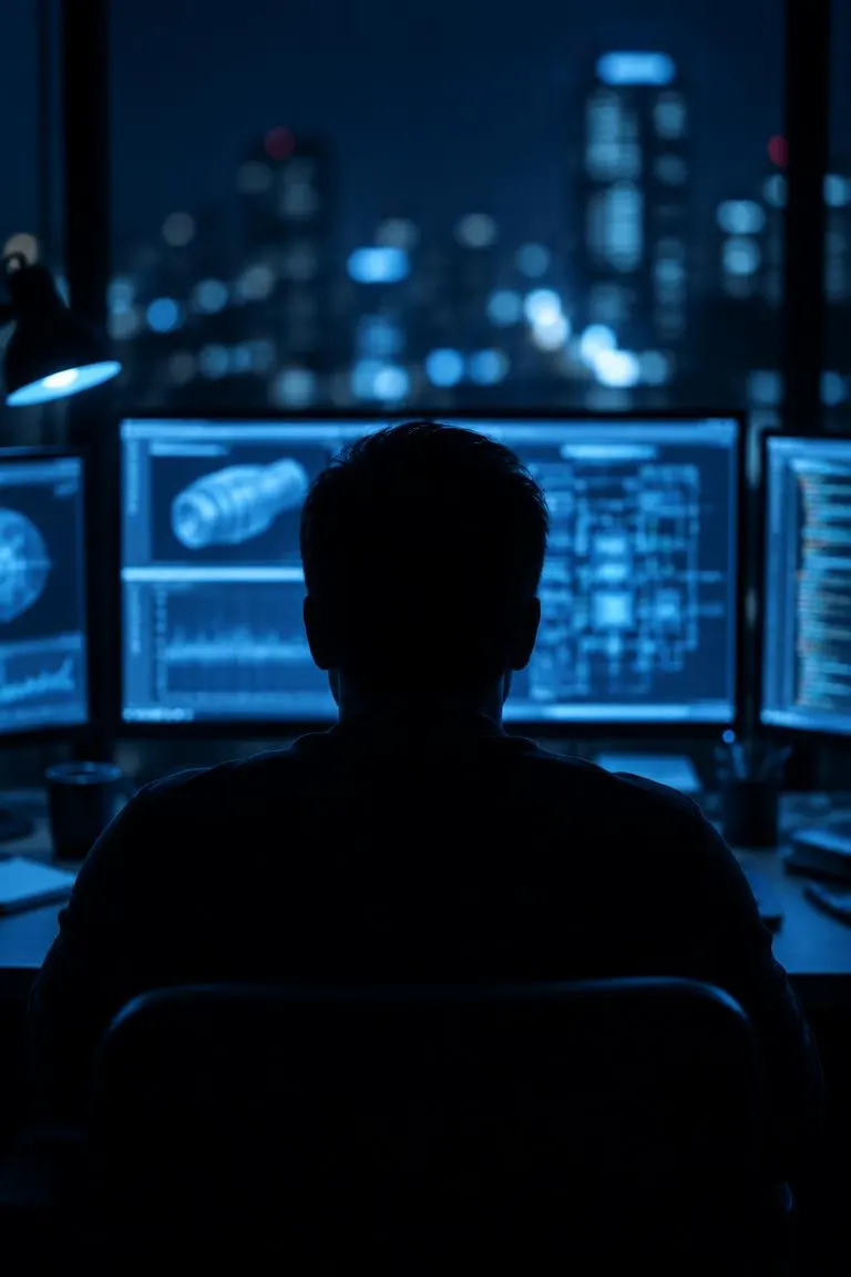 Engineer's desk at night with glowing monitors