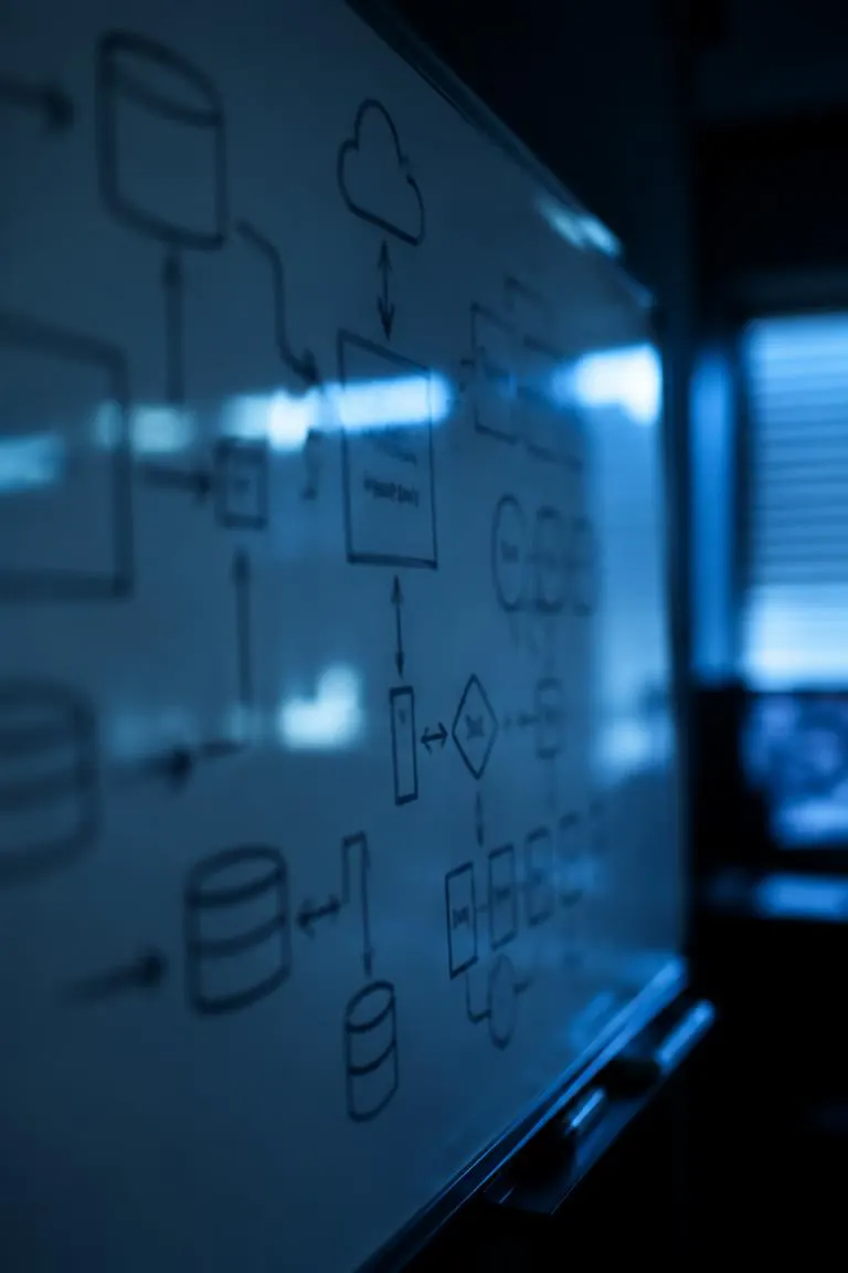 Blurred whiteboard with system diagram shapes