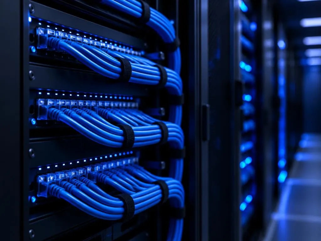 Data center cables organized in blue light