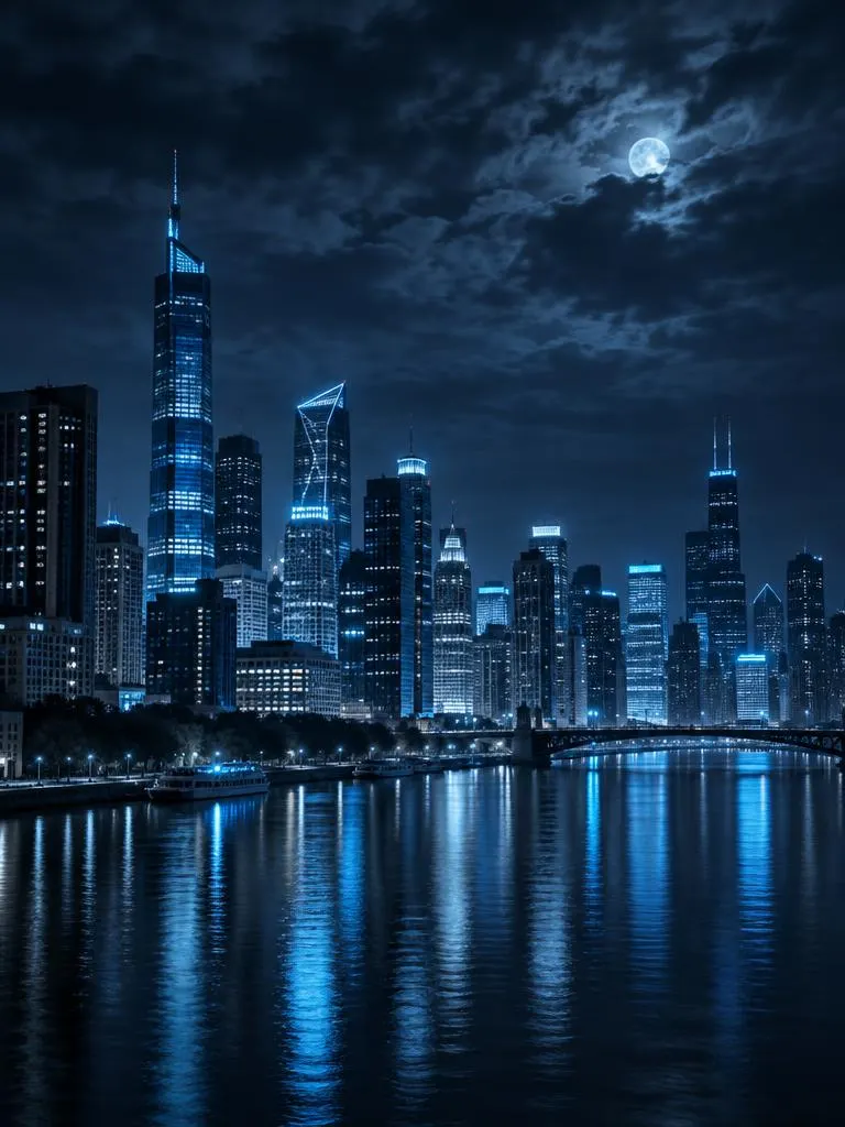 Night city skyline in blue