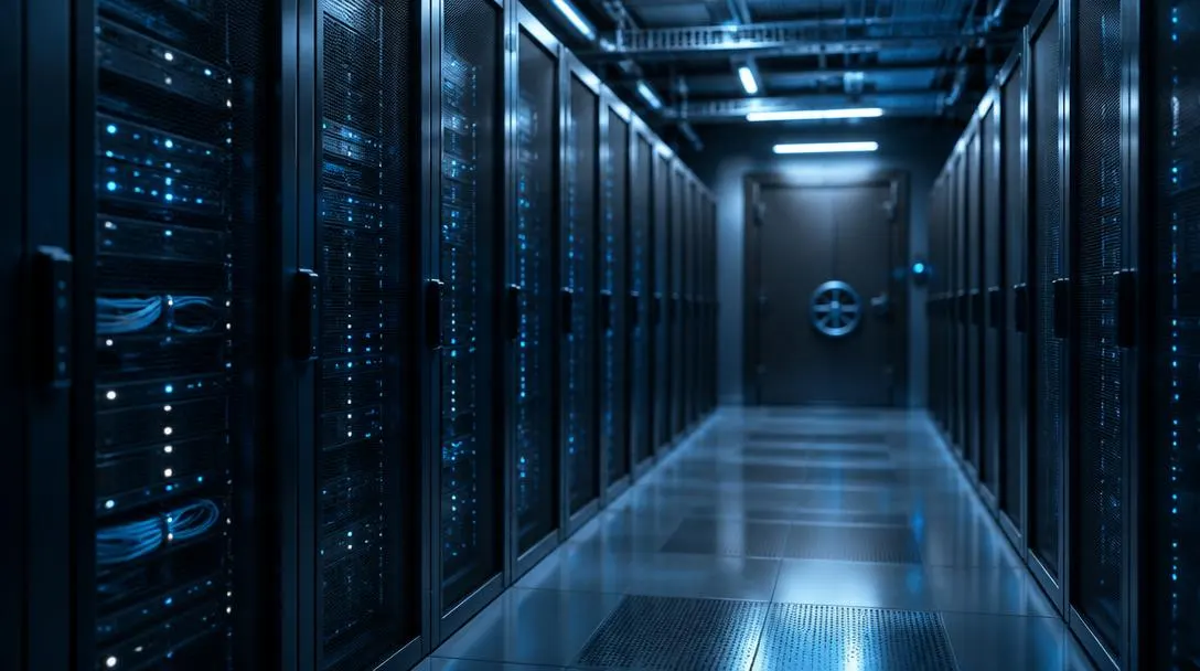 Secure server room lit in cold blue light
