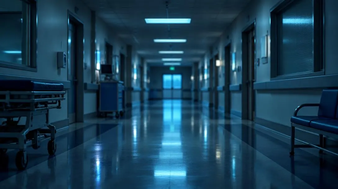 Empty hospital corridor in cool light