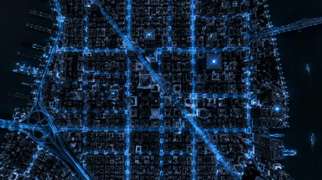 City at night from above with a glowing blue grid